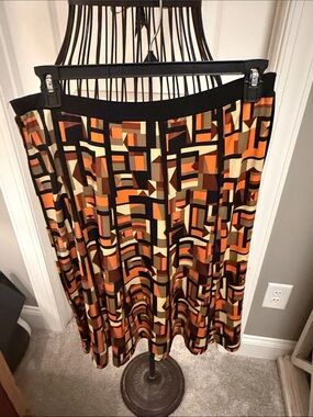 Abstract Geo-Print Midi Skirt in Orange, Brown & Black
